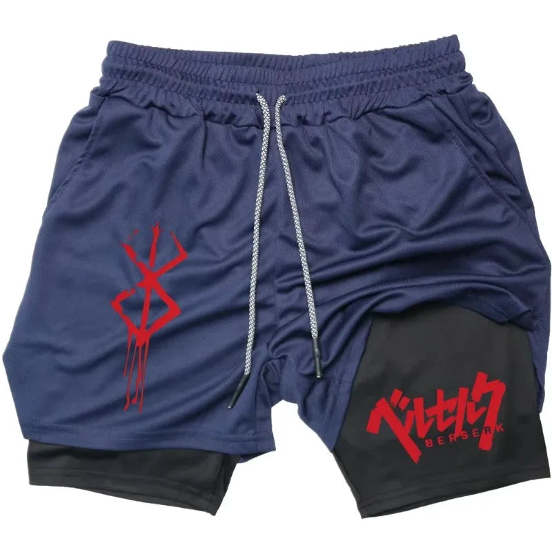 Anime Berserk Men’s 2-in-1 Performance Shorts – Compression Gym Workout Shorts with Pockets