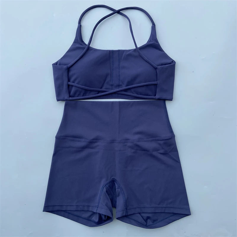 Women's Yoga Shorts Set with Cross-Strap Bra and High-Waist Shorts