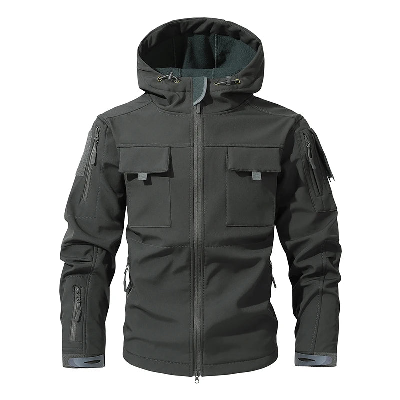 Men’s Camouflage Softshell Tactical Jacket – Hooded Waterproof Fleece Outdoor Coat