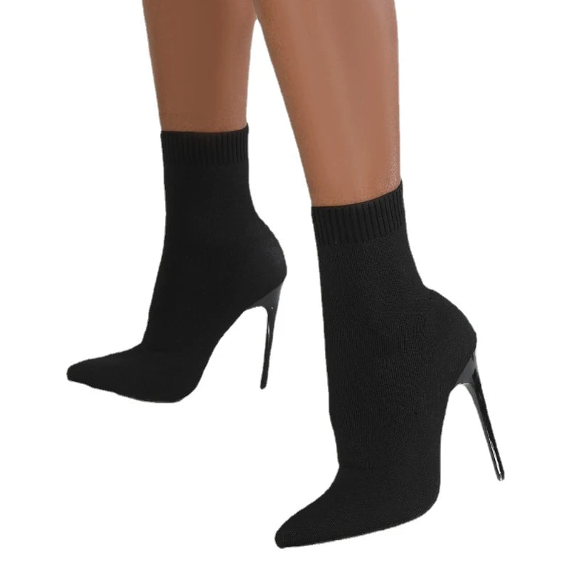 Women's Knitted Sock Ankle Boots – Short High Heel Shoes for Autumn & Winter