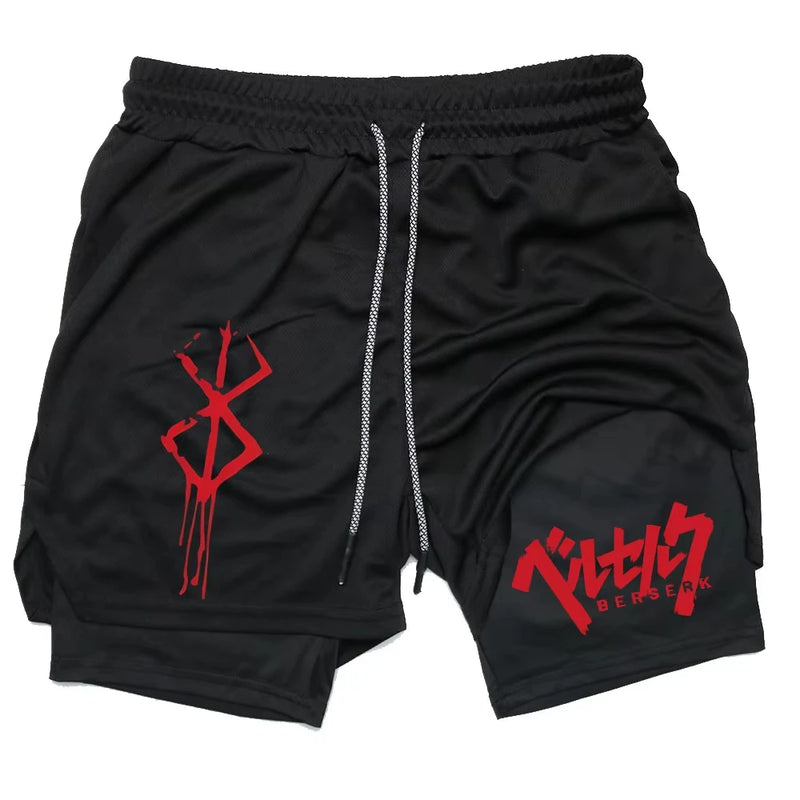 Anime Berserk Men’s 2-in-1 Performance Shorts – Compression Gym Workout Shorts with Pockets