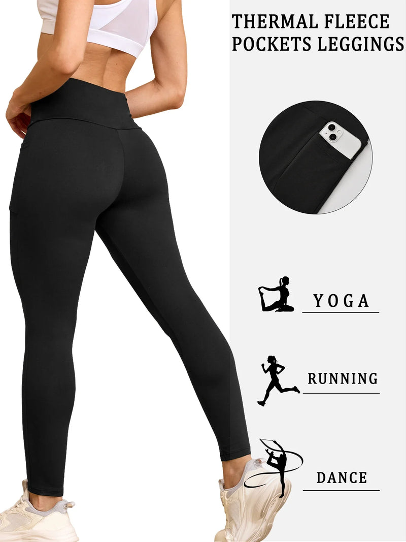 Women’s Thermal Fleece Lined Leggings – High Waisted Winter Workout Tights with Pockets