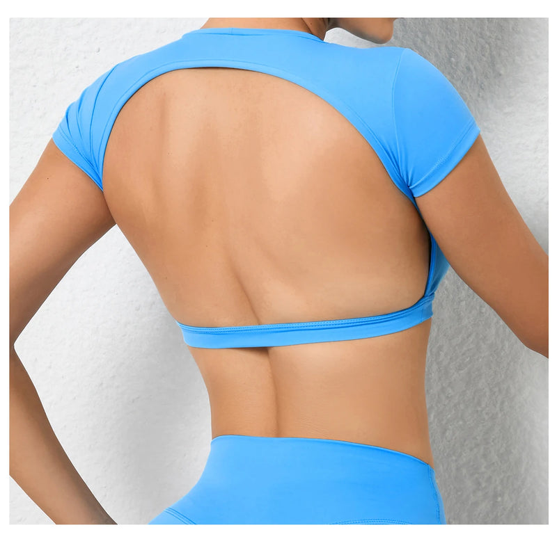 Women's Backless Muscle Back Sports Tee – Open Back Workout Yoga Training T-Shirt