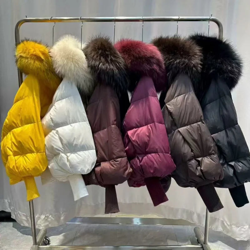 Women’s Winter Goose Down Jacket – Thick Warm Coat with Knitted Sleeves, Mink Fur Collar & Hood