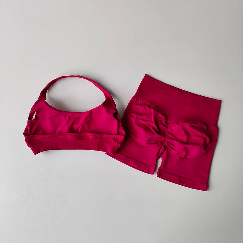 Sexy Halter Neck Sports Bra & High Waist Shorts Set – Women's Pilates Yoga Fitness Outfit