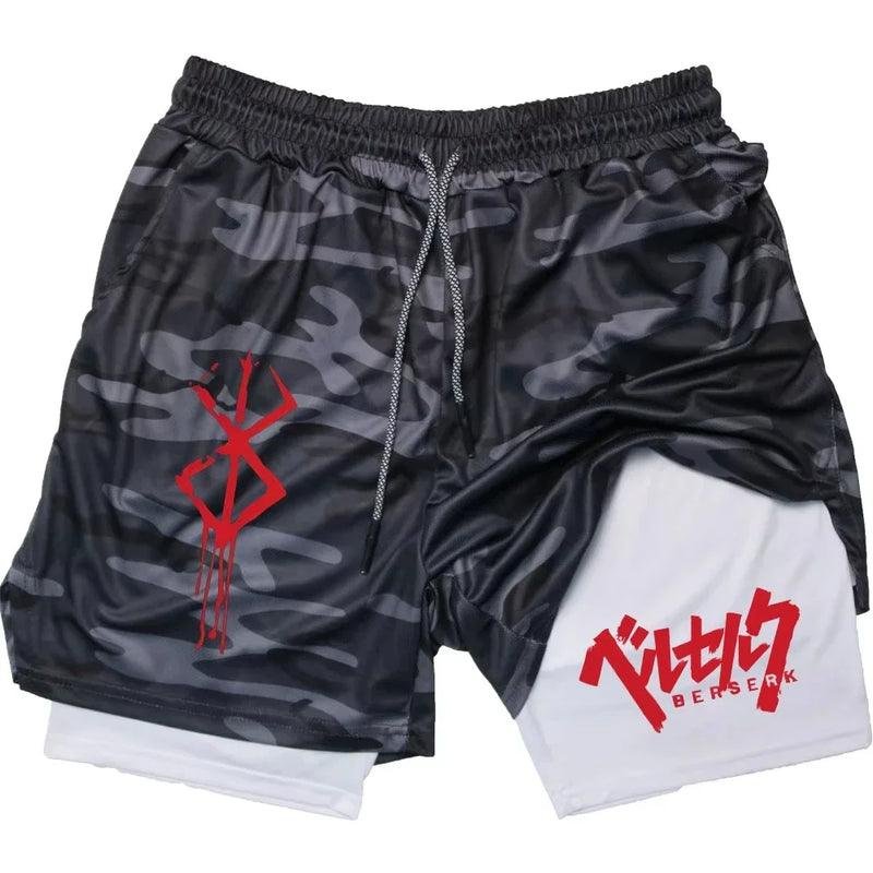 Anime Berserk Men’s 2-in-1 Performance Shorts – Compression Gym Workout Shorts with Pockets