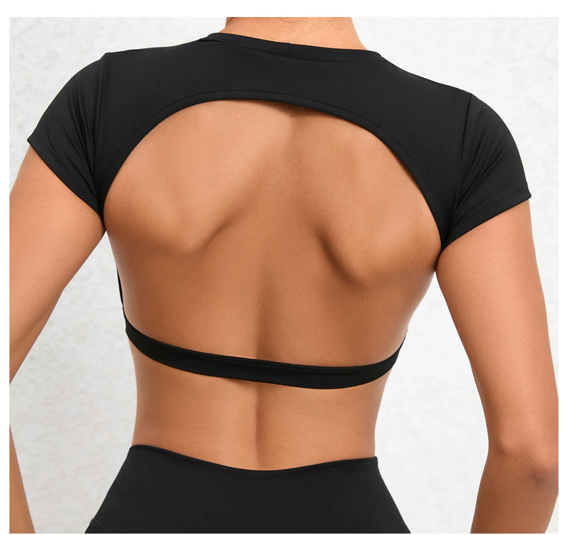 Women's Backless Muscle Back Sports Tee – Open Back Workout Yoga Training T-Shirt