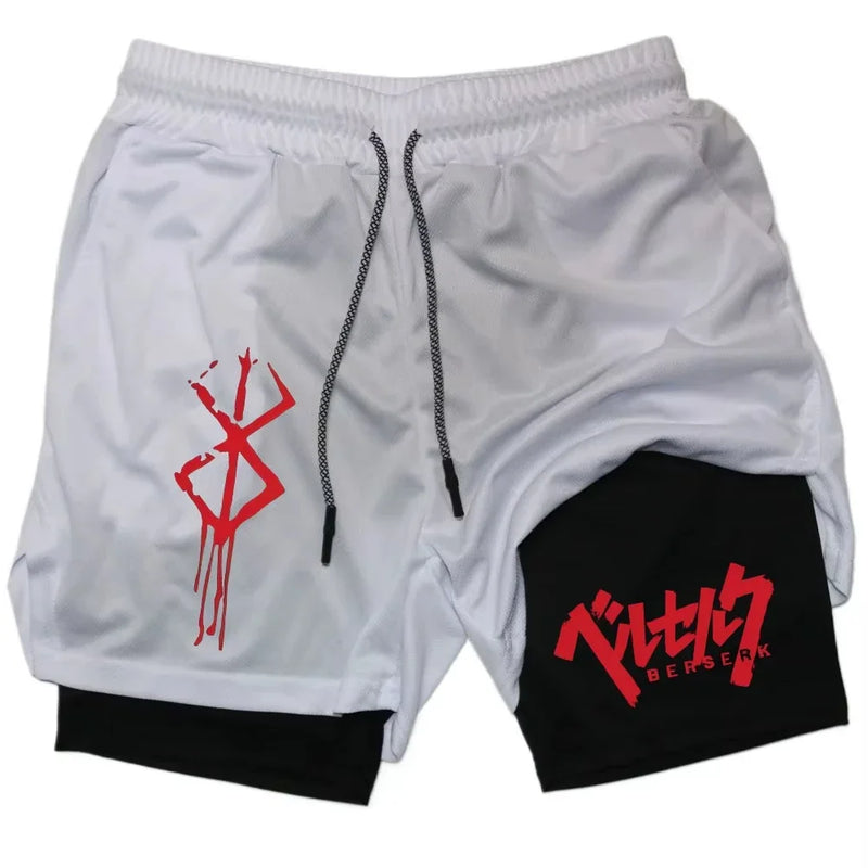 Anime Berserk Men’s 2-in-1 Performance Shorts – Compression Gym Workout Shorts with Pockets
