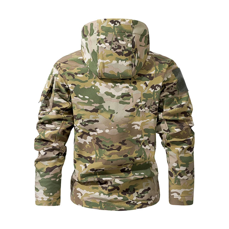 Men’s Camouflage Softshell Tactical Jacket – Hooded Waterproof Fleece Outdoor Coat
