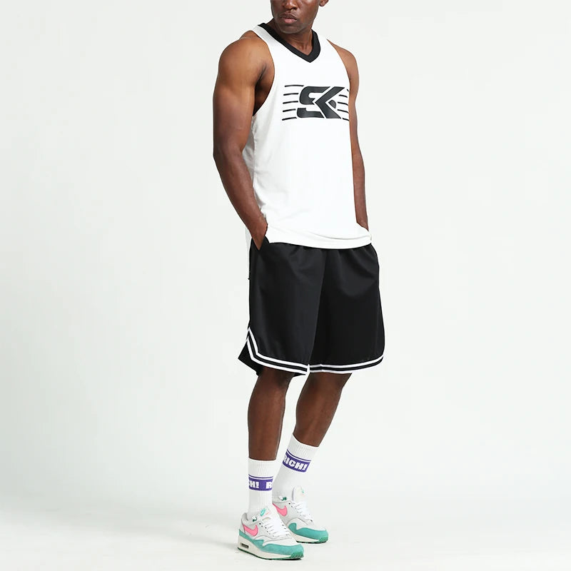 Men’s Knee-Length Basketball Shorts – Striped Mesh Athletic Training Shorts