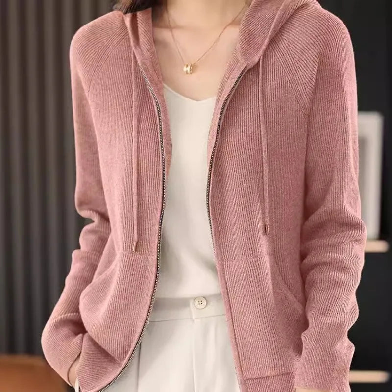 Women’s Zip-Up Knit Cardigan – Thick Warm Sweater with Turn-Down Collar