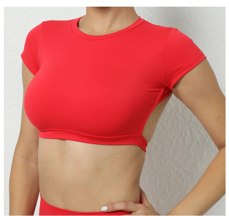 Women's Backless Muscle Back Sports Tee – Open Back Workout Yoga Training T-Shirt