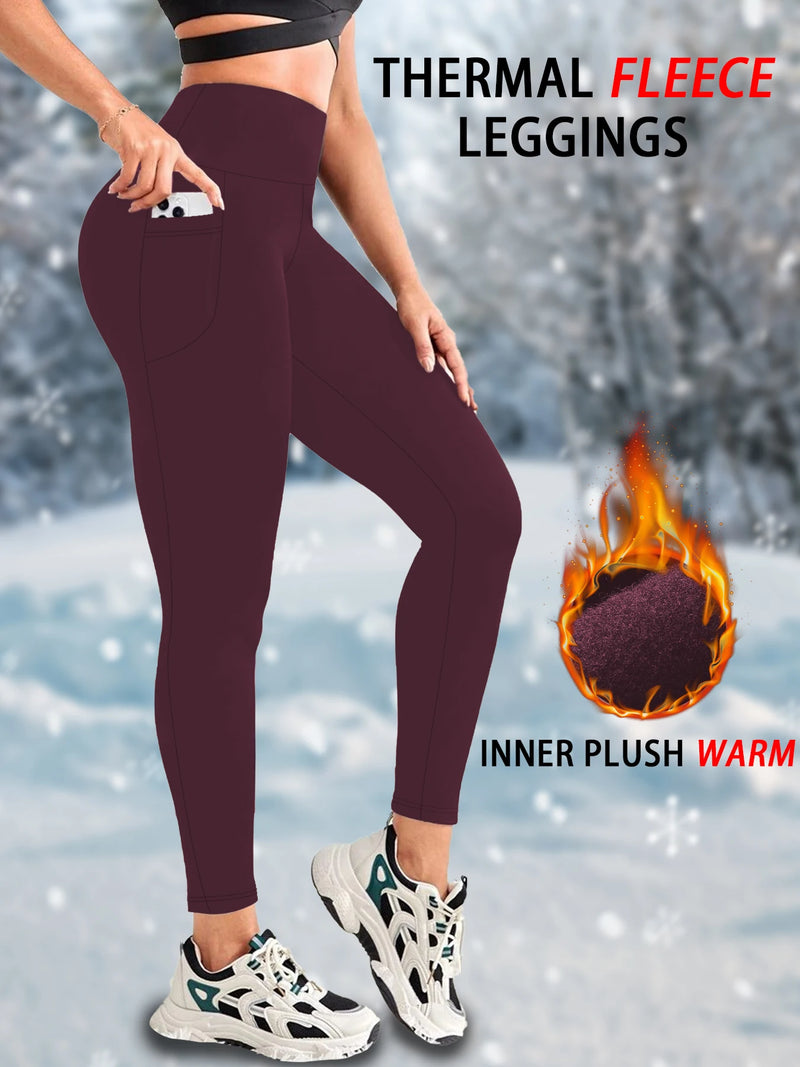 Women’s Thermal Fleece Lined Leggings – High Waisted Winter Workout Tights with Pockets