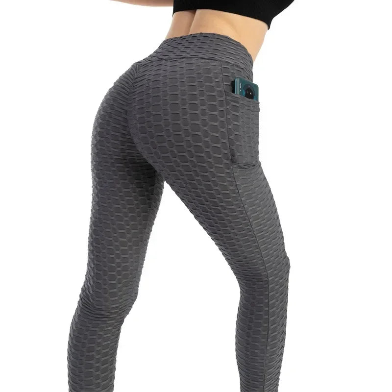 Women’s High Waist Pocket Bubble Leggings – Hip Lift Gym Fitness Pants