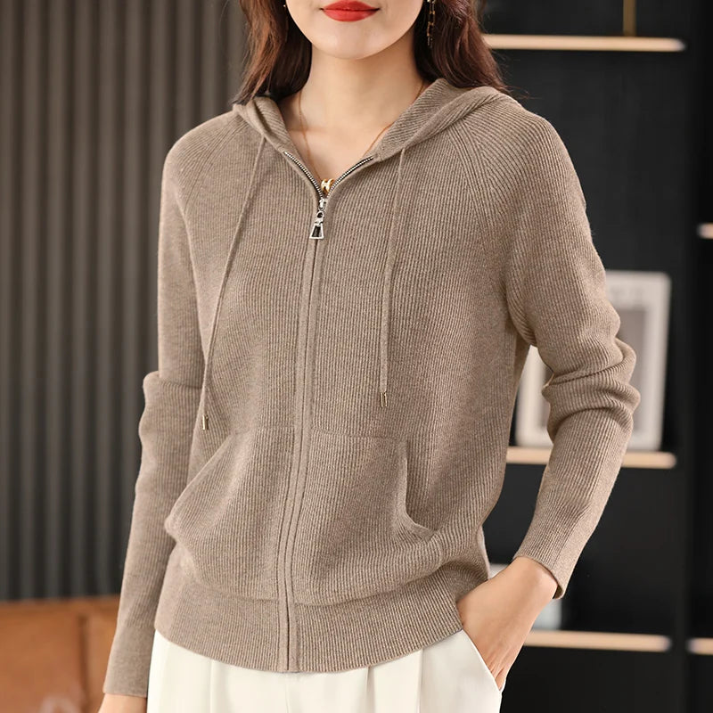 Women’s Zip-Up Knit Cardigan – Thick Warm Sweater with Turn-Down Collar