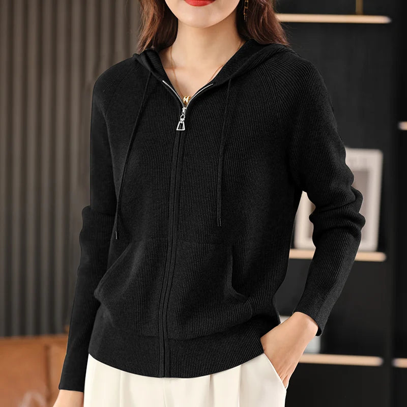 Women’s Zip-Up Knit Cardigan – Thick Warm Sweater with Turn-Down Collar