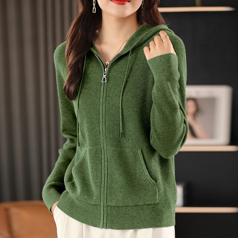 Women’s Zip-Up Knit Cardigan – Thick Warm Sweater with Turn-Down Collar