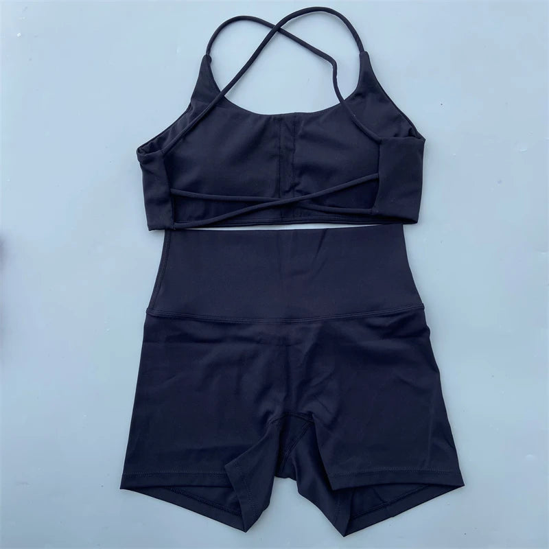 Women's Yoga Shorts Set with Cross-Strap Bra and High-Waist Shorts