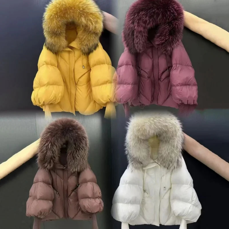 Women’s Winter Goose Down Jacket – Thick Warm Coat with Knitted Sleeves, Mink Fur Collar & Hood