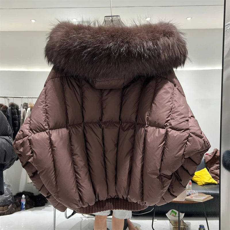 Women’s Short White Duck Down Jacket – Thick Warm Hooded Winter Coat with Fox Fur Collar