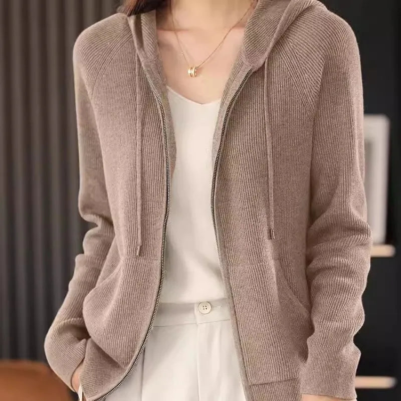 Women’s Zip-Up Knit Cardigan – Thick Warm Sweater with Turn-Down Collar