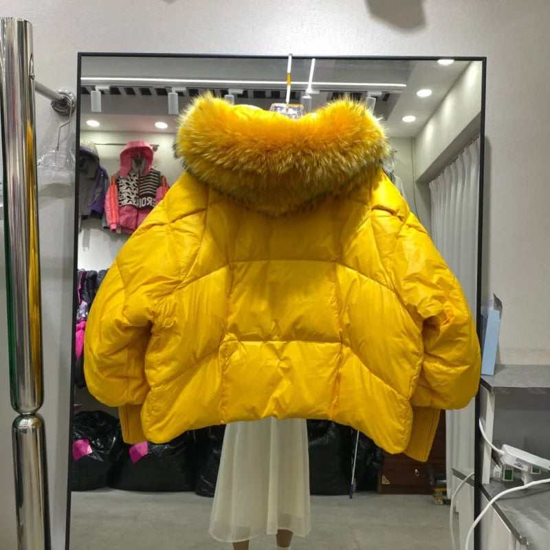 Women’s Winter Goose Down Jacket – Thick Warm Coat with Knitted Sleeves, Mink Fur Collar & Hood