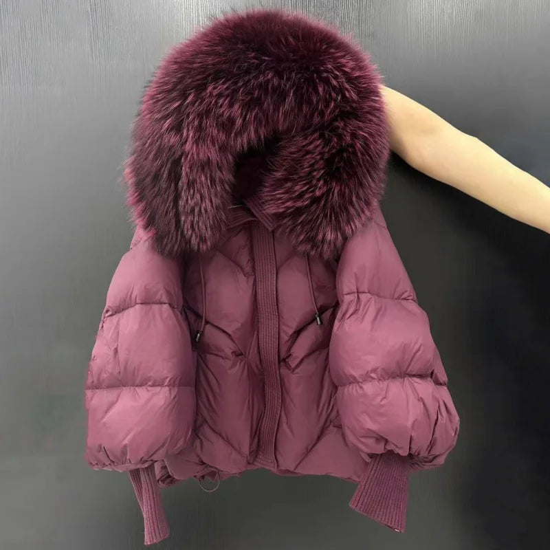 Women’s Winter Goose Down Jacket – Thick Warm Coat with Knitted Sleeves, Mink Fur Collar & Hood