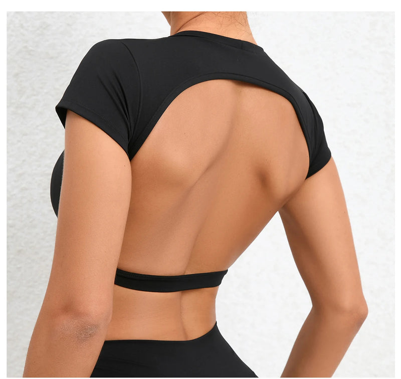 Women's Backless Muscle Back Sports Tee – Open Back Workout Yoga Training T-Shirt