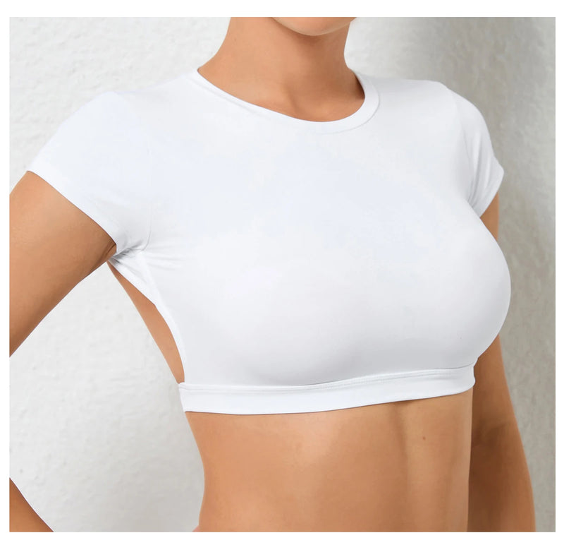 Women's Backless Muscle Back Sports Tee – Open Back Workout Yoga Training T-Shirt