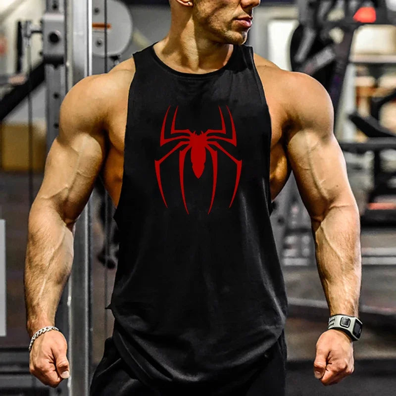 Men’s Red Spider Print Gym Tank Top – Breathable Sleeveless Bodybuilding Shirt