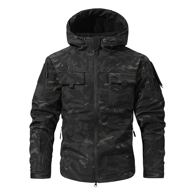 Men’s Camouflage Softshell Tactical Jacket – Hooded Waterproof Fleece Outdoor Coat