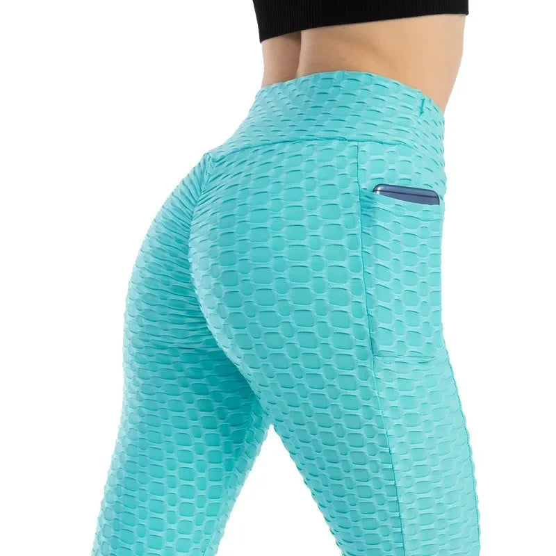 Women’s High Waist Pocket Bubble Leggings – Hip Lift Gym Fitness Pants