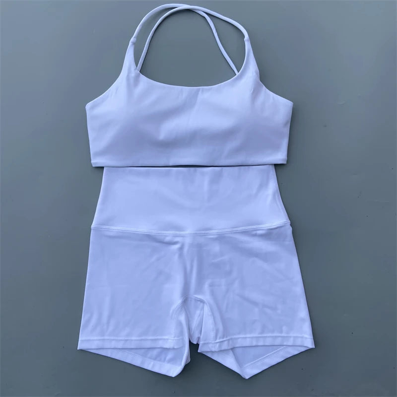 Women's Yoga Shorts Set with Cross-Strap Bra and High-Waist Shorts