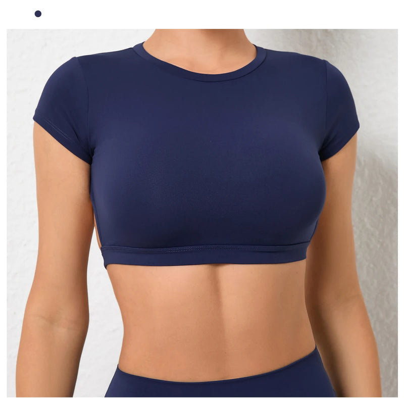 Women's Backless Muscle Back Sports Tee – Open Back Workout Yoga Training T-Shirt