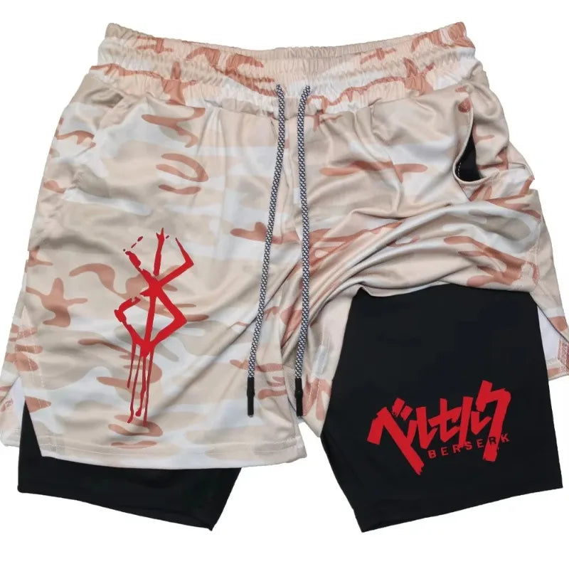 Anime Berserk Men’s 2-in-1 Performance Shorts – Compression Gym Workout Shorts with Pockets