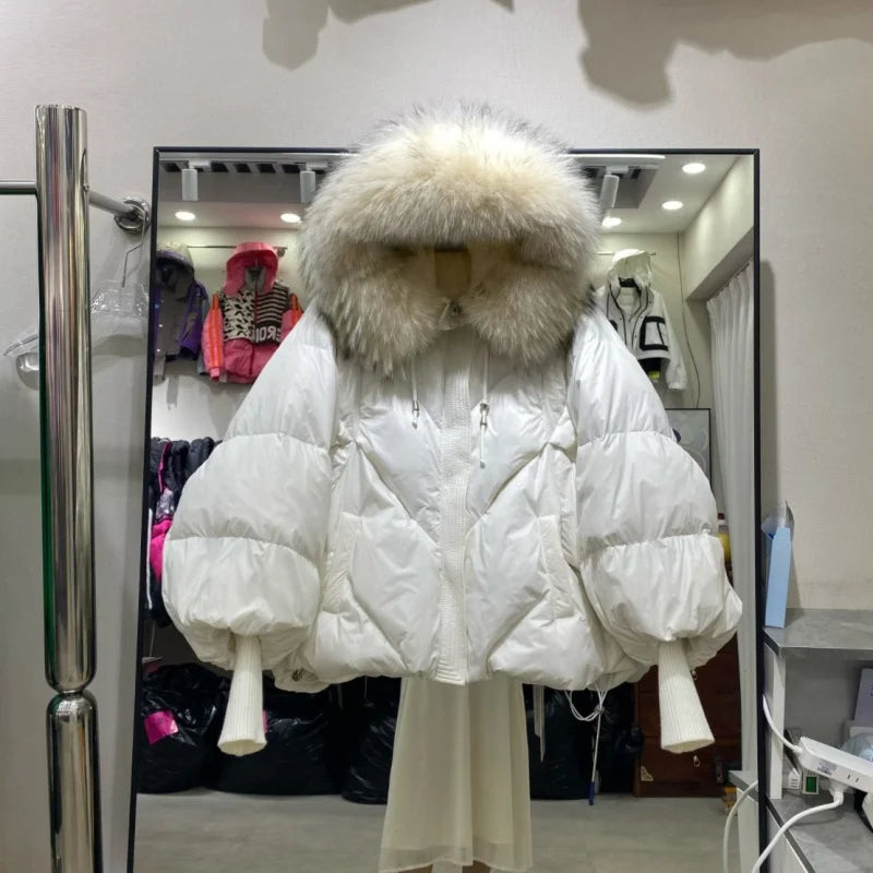 Women’s Winter Goose Down Jacket – Thick Warm Coat with Knitted Sleeves, Mink Fur Collar & Hood