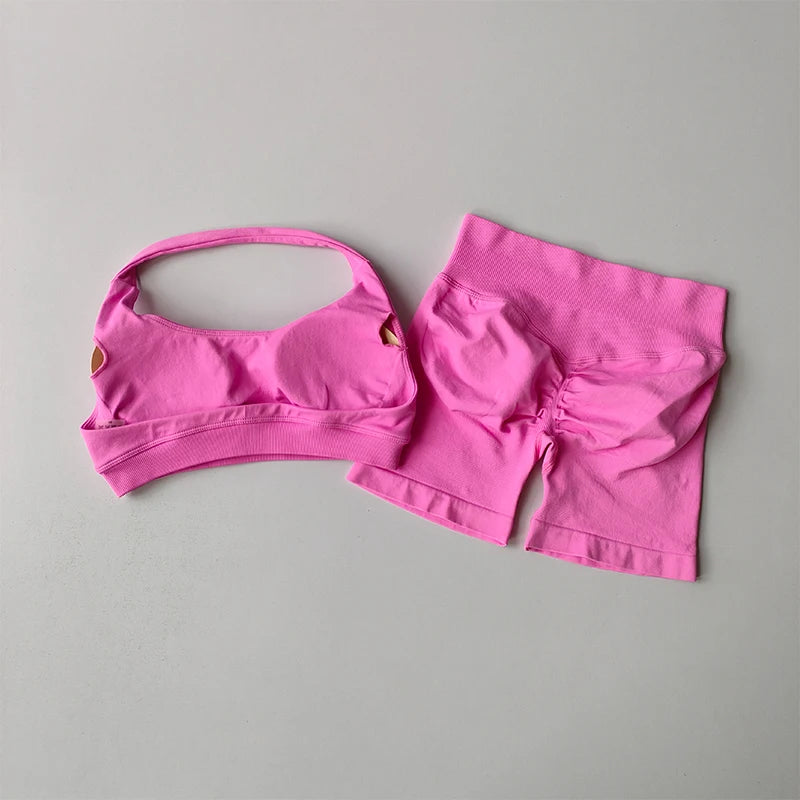 Sexy Halter Neck Sports Bra & High Waist Shorts Set – Women's Pilates Yoga Fitness Outfit