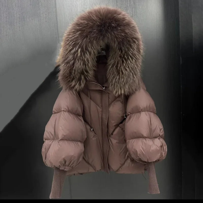 Women’s Winter Goose Down Jacket – Thick Warm Coat with Knitted Sleeves, Mink Fur Collar & Hood