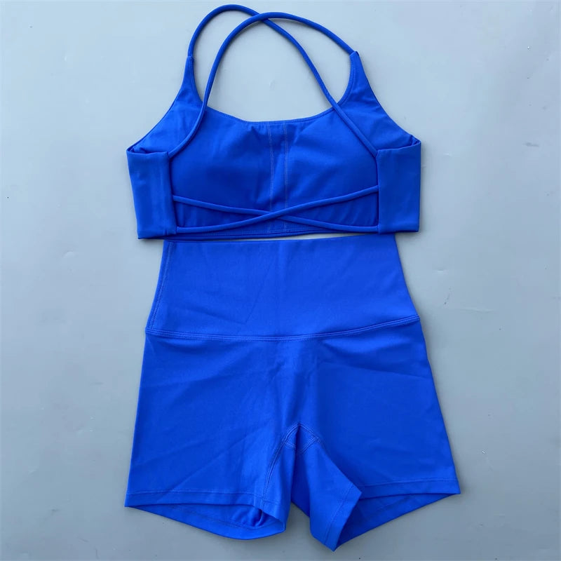 Women's Yoga Shorts Set with Cross-Strap Bra and High-Waist Shorts