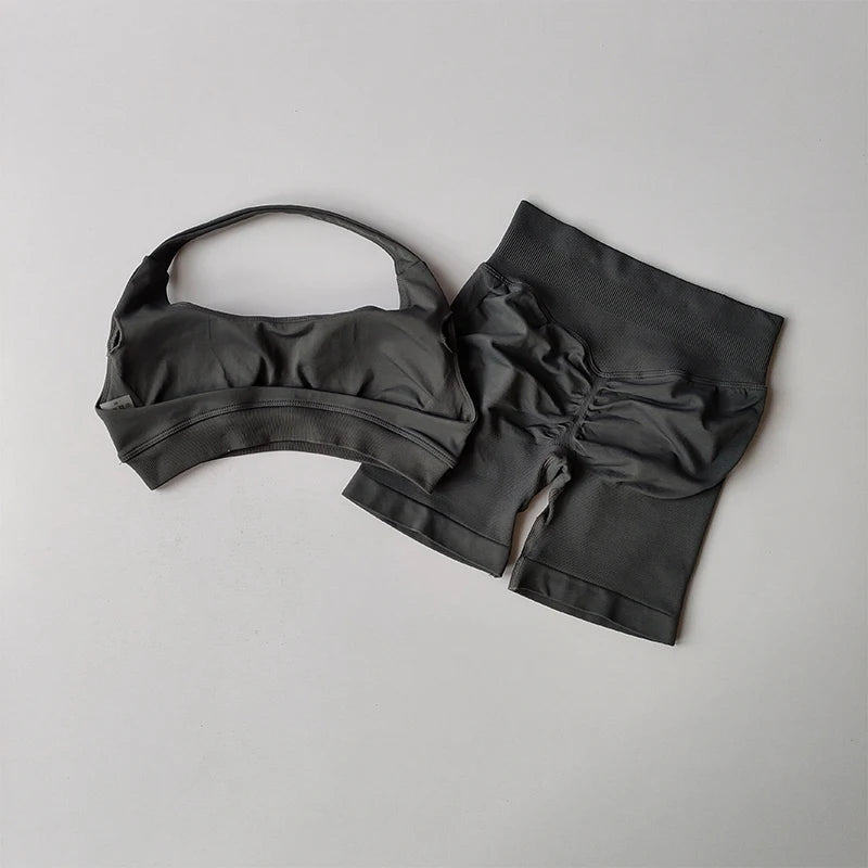 Sexy Halter Neck Sports Bra & High Waist Shorts Set – Women's Pilates Yoga Fitness Outfit