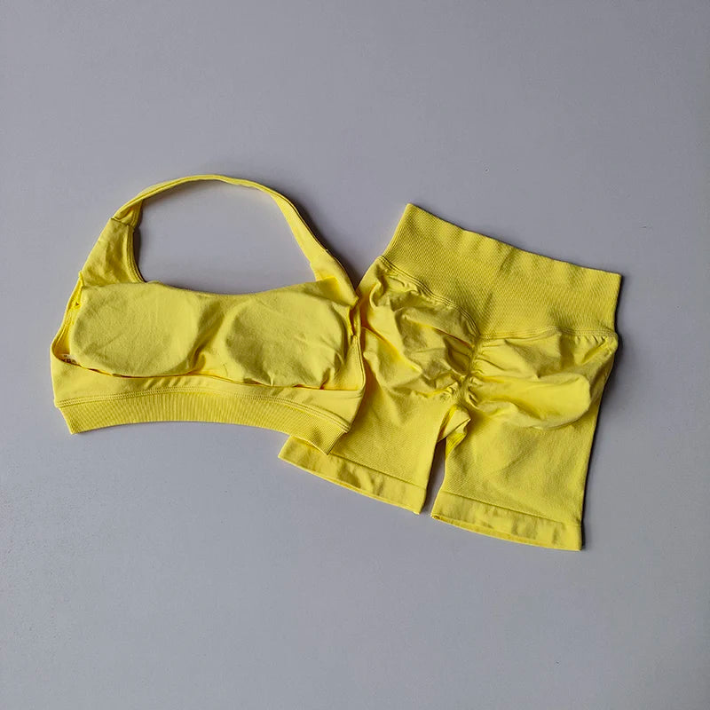 Sexy Halter Neck Sports Bra & High Waist Shorts Set – Women's Pilates Yoga Fitness Outfit