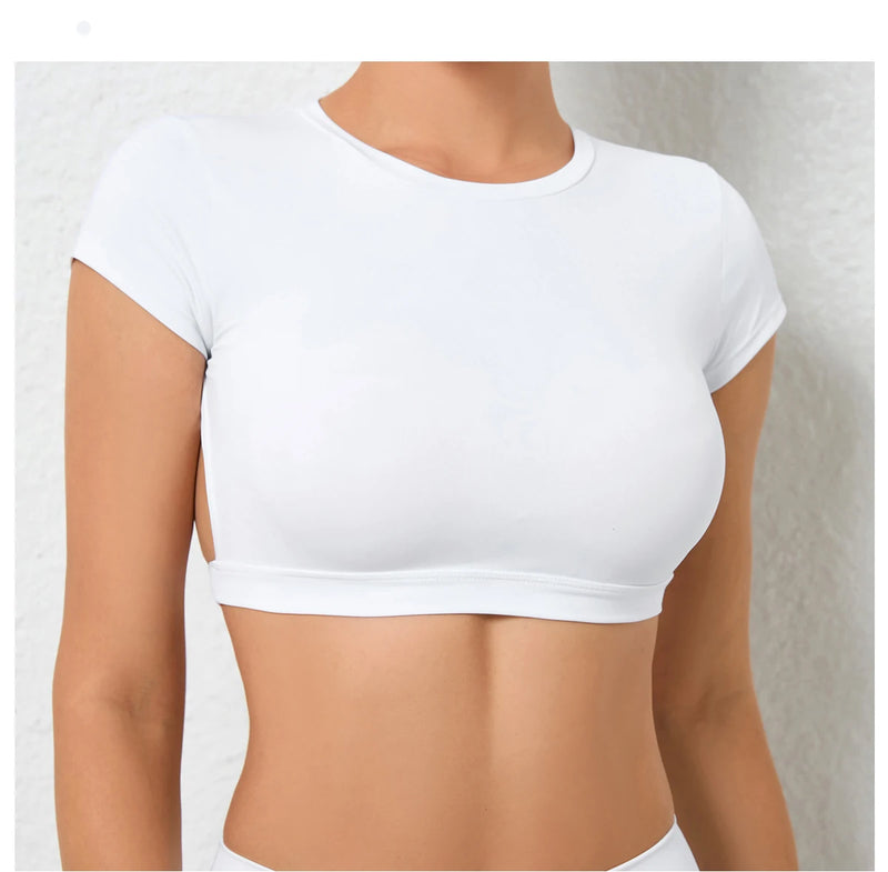 Women's Backless Muscle Back Sports Tee – Open Back Workout Yoga Training T-Shirt