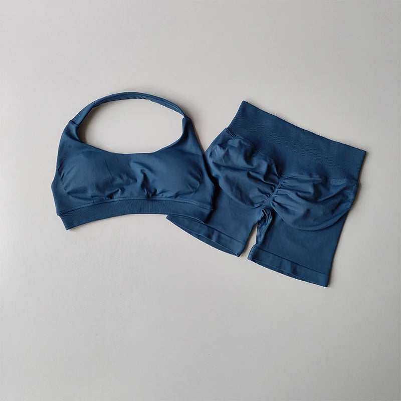Sexy Halter Neck Sports Bra & High Waist Shorts Set – Women's Pilates Yoga Fitness Outfit