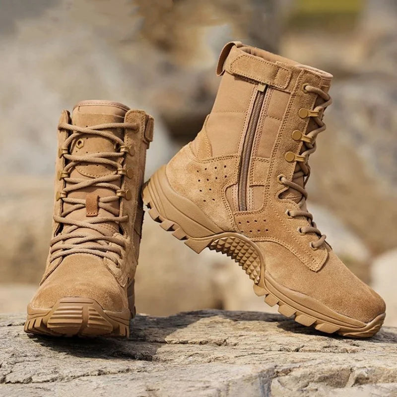 Men's Cowhide Leather Hiking Boots – Waterproof Outdoor Shoes with Side Zipper & Lace-Up Design