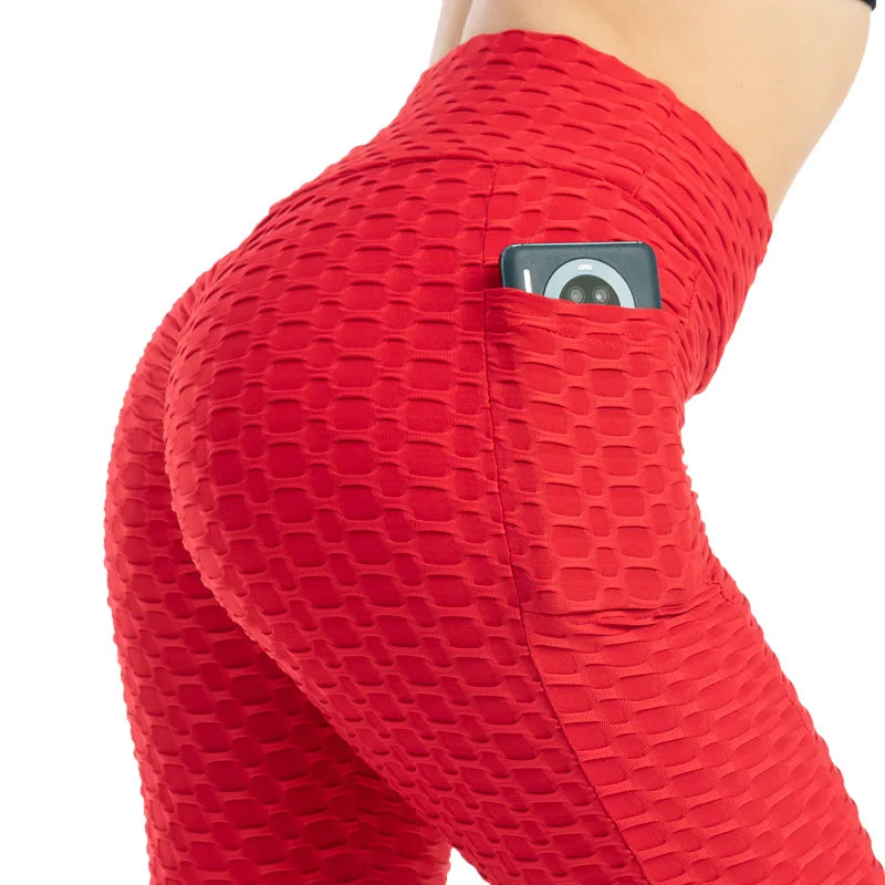 Women’s High Waist Pocket Bubble Leggings – Hip Lift Gym Fitness Pants