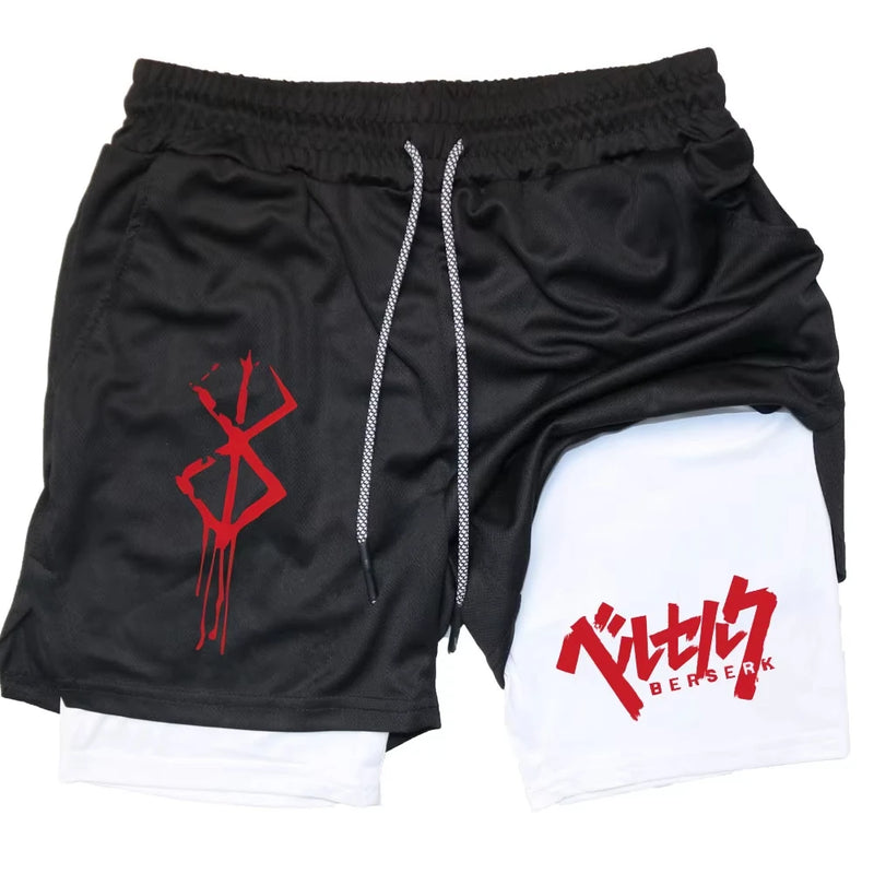 Anime Berserk Men’s 2-in-1 Performance Shorts – Compression Gym Workout Shorts with Pockets