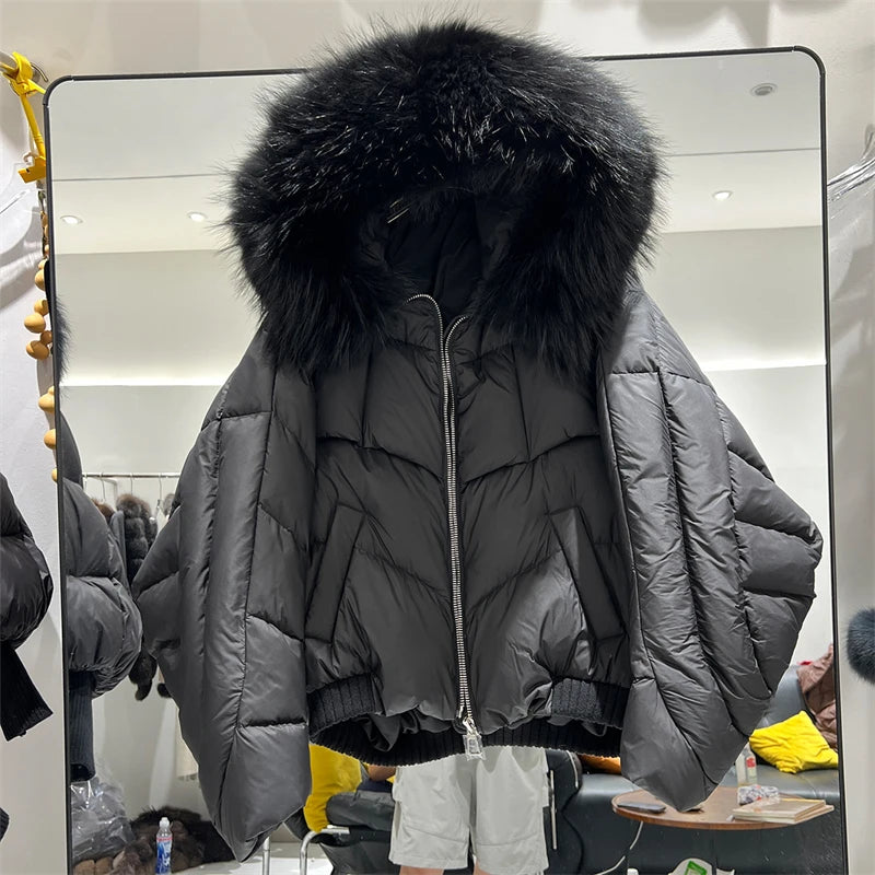 Women’s Short White Duck Down Jacket – Thick Warm Hooded Winter Coat with Fox Fur Collar