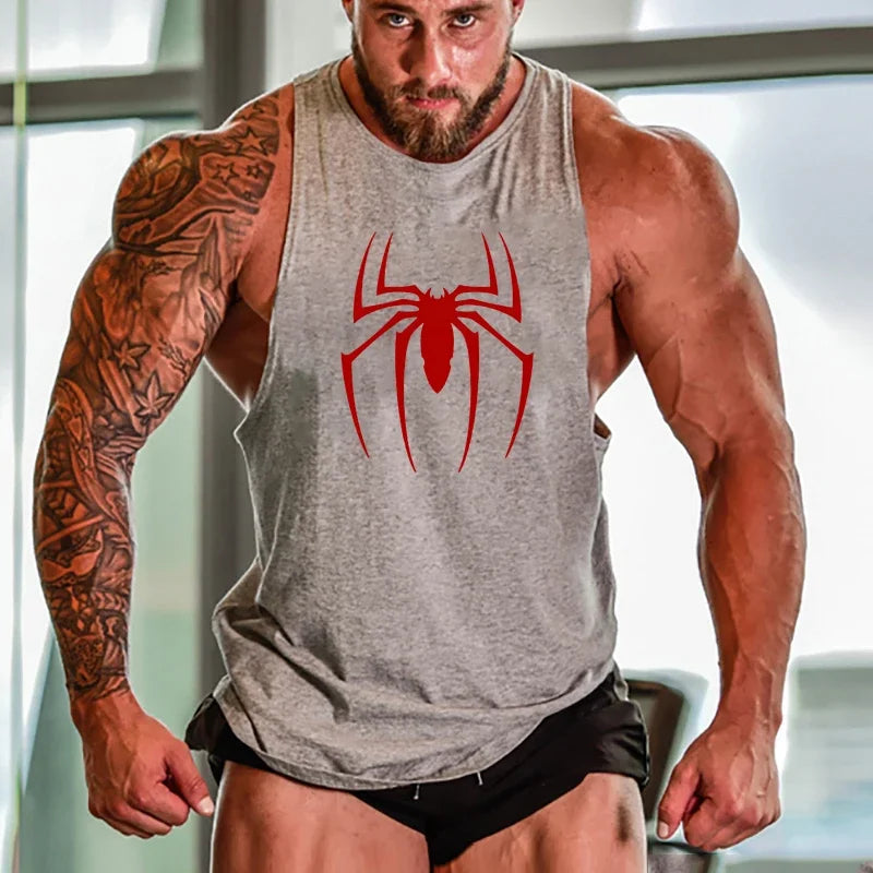 Men’s Red Spider Print Gym Tank Top – Breathable Sleeveless Bodybuilding Shirt