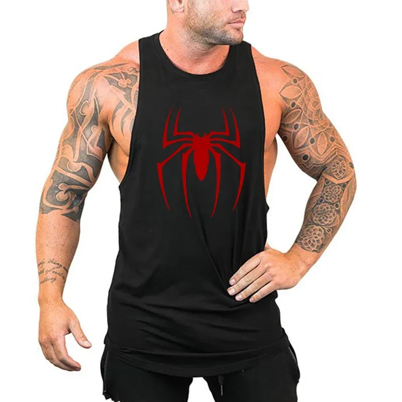 Men’s Red Spider Print Gym Tank Top – Breathable Sleeveless Bodybuilding Shirt
