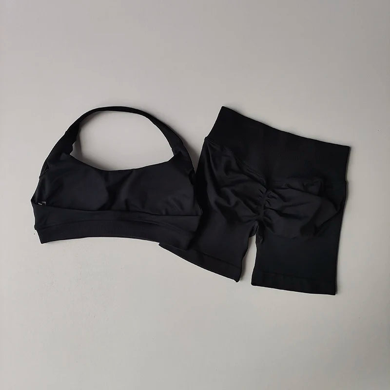 Sexy Halter Neck Sports Bra & High Waist Shorts Set – Women's Pilates Yoga Fitness Outfit